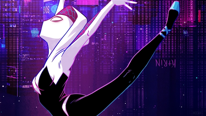 Spider-Gwen from Spider-Verse dancing in a city