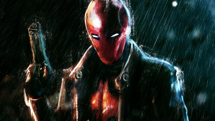 Red Hood holding a gun in the rain