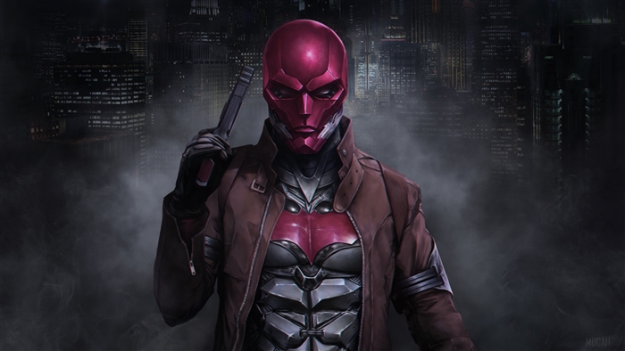Red Hood holding a gun in Gotham City