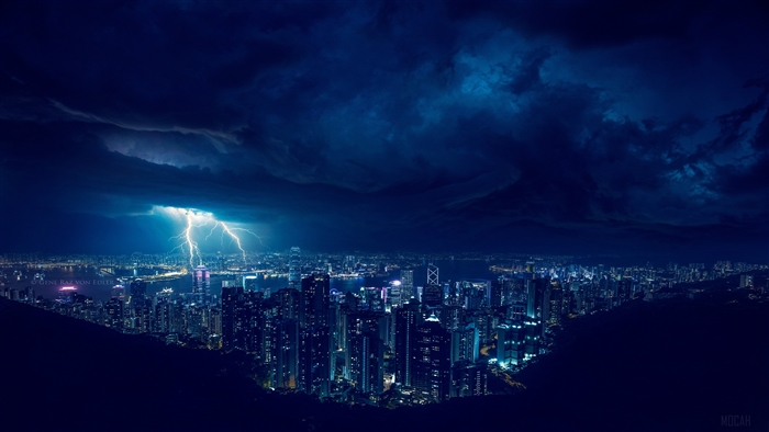Stormy Night Lightning Over City 4K