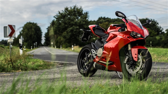 Red Ducati 1299 Panigale motorcycle on a road