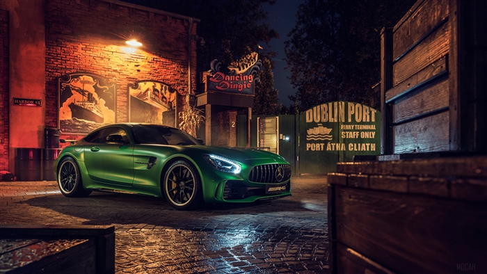 Green Mercedes AMG GT R at Dublin Port