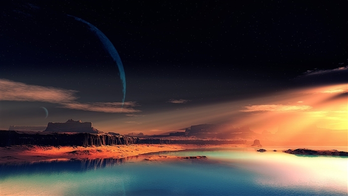 Alien planet landscape with rings and moons