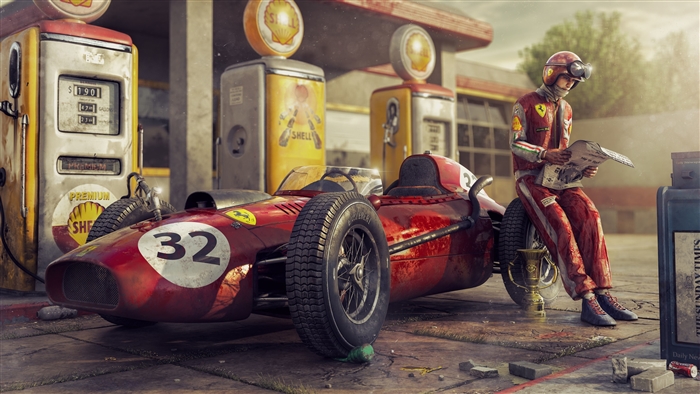 Ferrari 32 Race Car at Shell Gas Station
