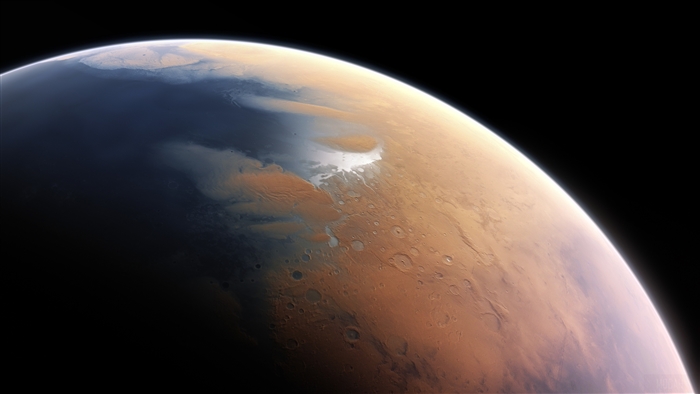Mars planet surface with ice caps 4K