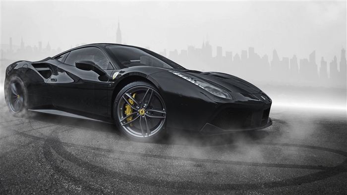 Black Ferrari 488 with New York City skyline