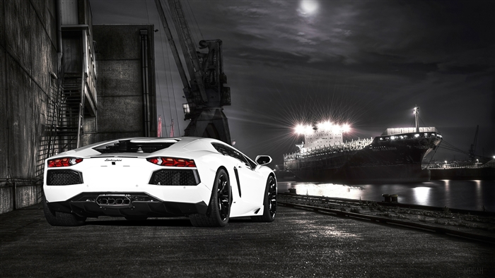 White Lamborghini Aventador at Night Dock