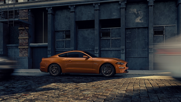 Orange Ford Mustang on a Cobblestone Street 4K