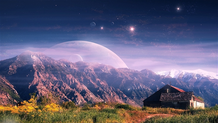 Fantasy Mountain Landscape with Planets and House 4K