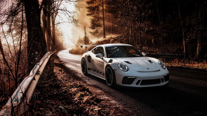 White Porsche 911 GT3 RS on a forest road