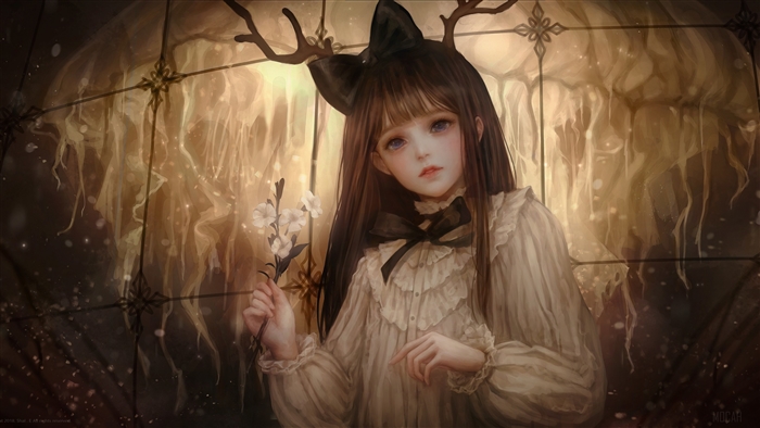 Anime girl with antlers and flowers