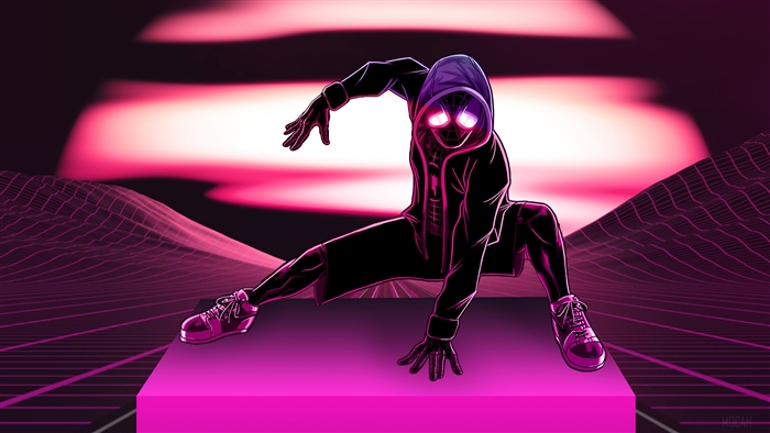 Miles Morales from Spider-Man in Neon Landscape 4K