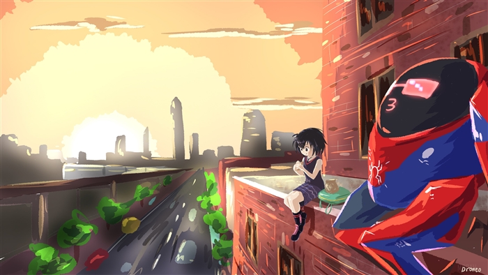 Anime girl and Spider-Man on a rooftop at sunset
