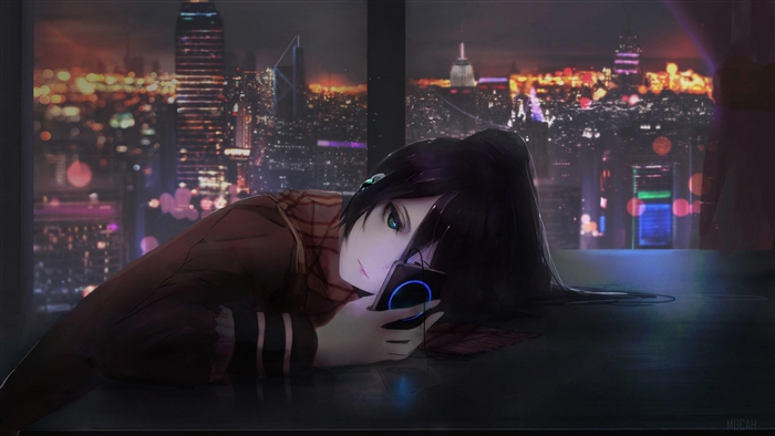 Anime Girl Using Phone at Night 4K