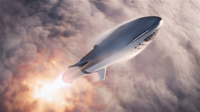 SpaceX Starship rocket ascending through clouds