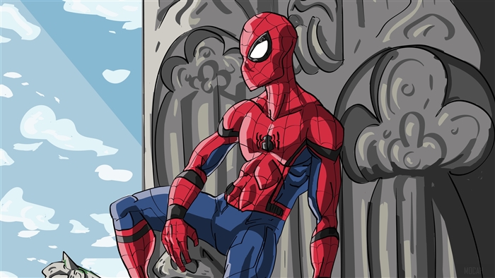 Spider-Man sitting on gargoyle in front of sky