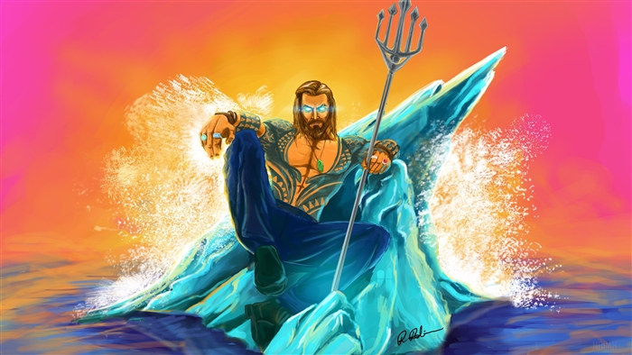 Aquaman sitting on an ice throne with a trident