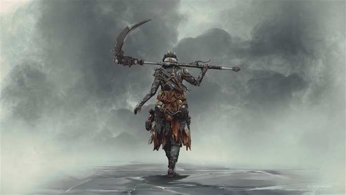 Warrior with Scythe in Ashen Landscape 4K
