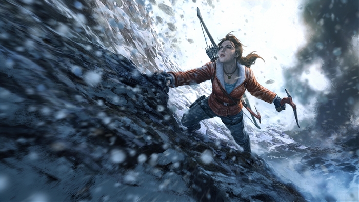 Lara Croft from Tomb Raider climbing a snowy mountain