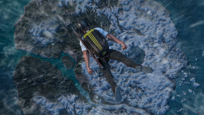 Player parachuting into a snowy island in PUBG 4K