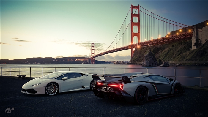 Lamborghini Huracan and Veneno at Golden Gate Bridge 4K