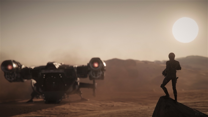 Star Citizen spaceship on desert planet at sunset 4K