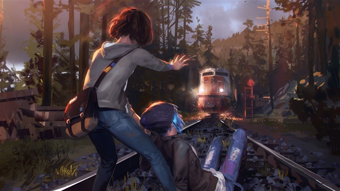 Max and Chloe from Life Is Strange on train tracks