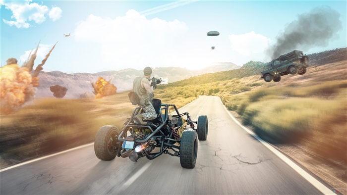 Soldier in buggy with airdrop and explosions in PUBG 4K