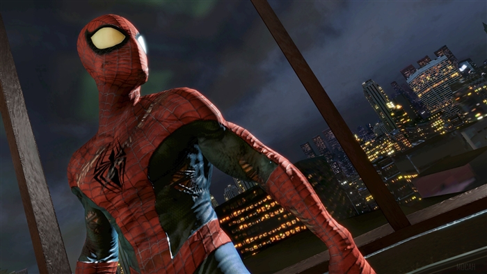 Injured Spider-Man overlooking a city at night