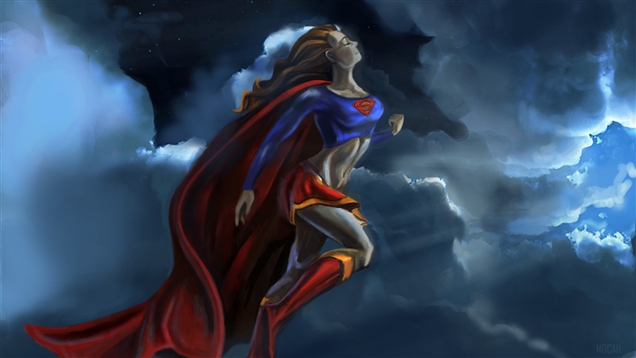 Supergirl flying through stormy clouds 4K