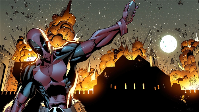 Deadpool from Marvel Comics holding a detonator with explosions in background