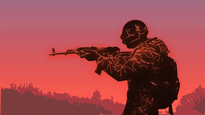 Soldier aiming rifle against sunset sky