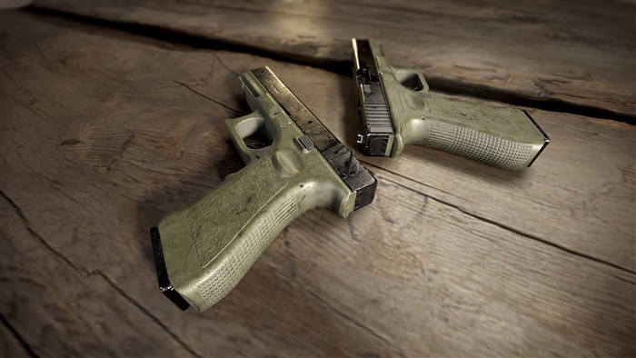 Two PUBG Glock 18C pistols on wooden surface 4K