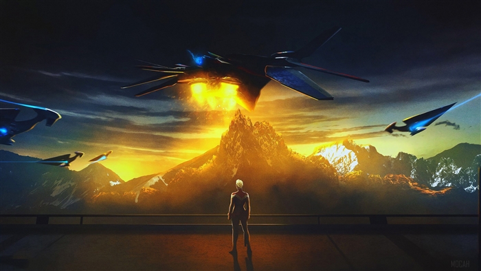 Captain Marvel and spaceships over mountains 4K