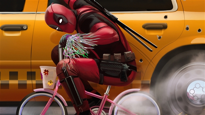 Deadpool from Deadpool 2 riding a pink bicycle