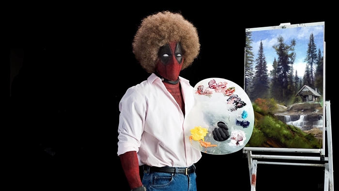 Deadpool as Bob Ross painting a landscape