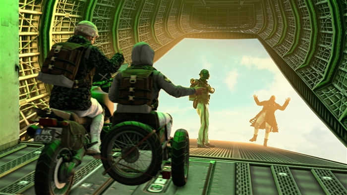 PlayerUnknown's Battlegrounds players on a motorcycle and trike inside a cargo plane