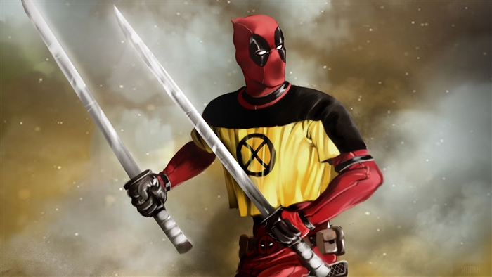Deadpool with Katanas and X-Men shirt