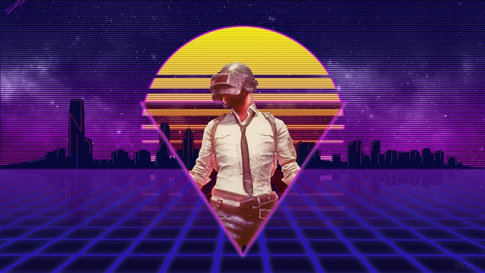 PlayerUnknowns Battlegrounds character in retro sunset city