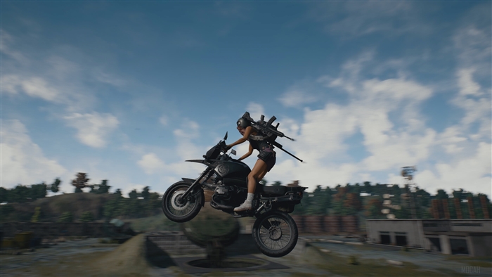 Player jumping a motorcycle in PUBG 4K