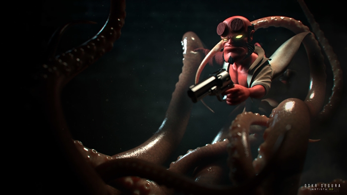 Hellboy with tentacles and gun 4K