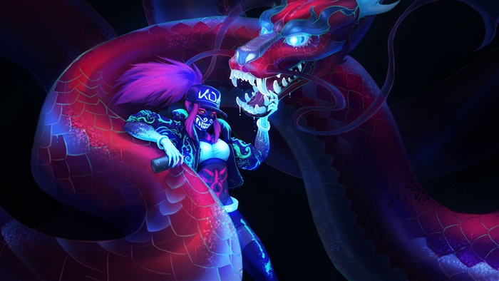 Akali from League of Legends with a Dragon 4K