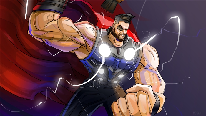 Thor from Marvel Comics with Mjolnir and lightning 4K