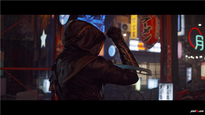 Hawkeye from Avengers in a neon-lit city at night