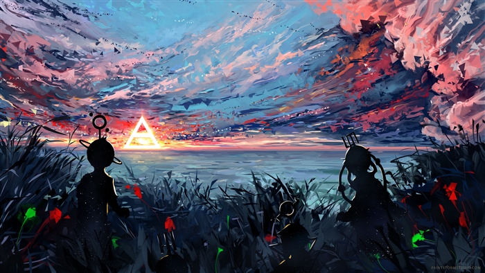 Silhouettes against a colorful sunset sky