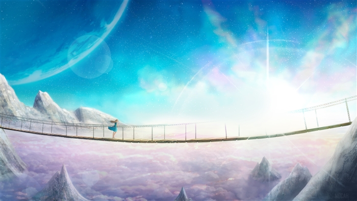 Anime girl on a bridge in a fantasy landscape 4K