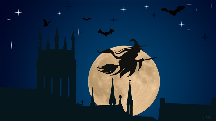 Halloween Witch flying over city at night 4K