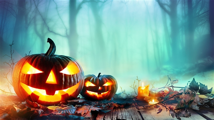 4K Halloween Pumpkins in Foggy Forest