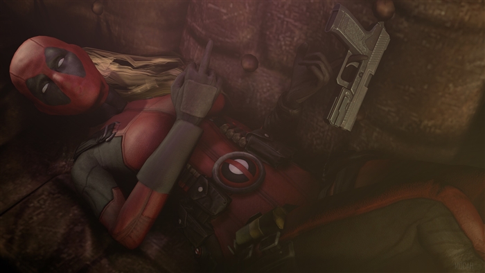 Lady Deadpool lying on a couch with a gun
