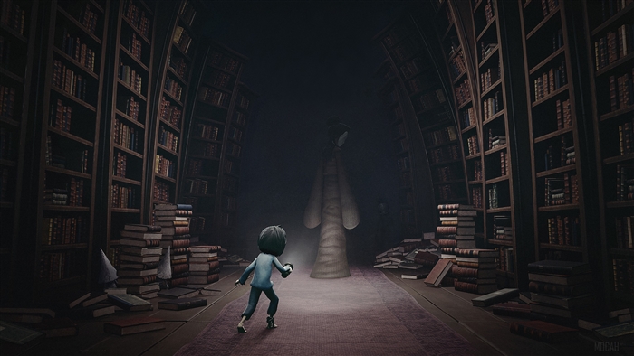 Six from Little Nightmares in a library